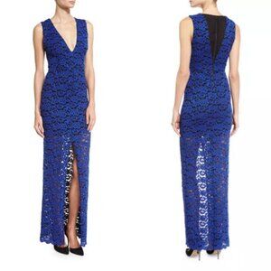 Alice + Olivia Dress Kahlo Blue Black Lace NWT High Slit V-Neck Gown Size 6